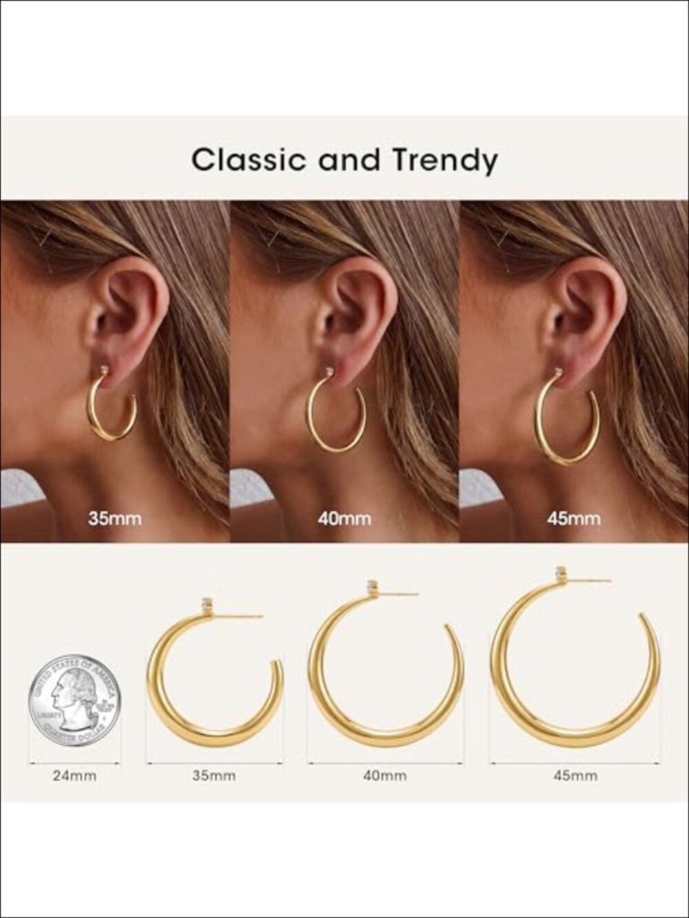 14K Gold Plated Chunky Hoop Earrings Hypoallergenic Non Tarnish - Picture 3 of 6